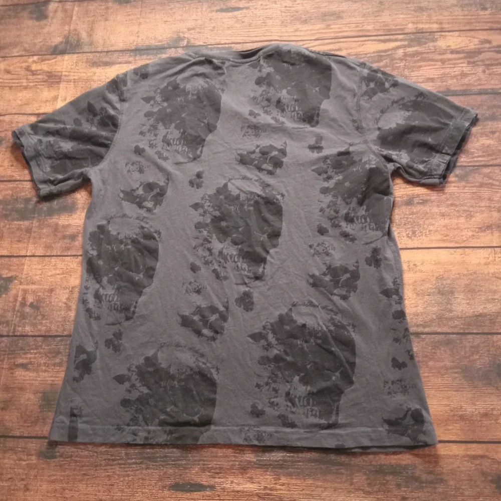 Dark Black Heavy Denim Skull Print Short Sleeve V-Neck‎ Shirt Men's XL Black